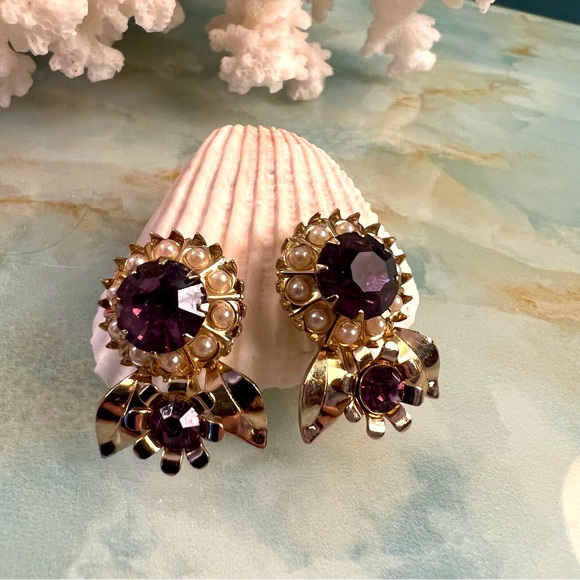 Vintage 40s Faux Amethyst and Seed Pearl Earrings